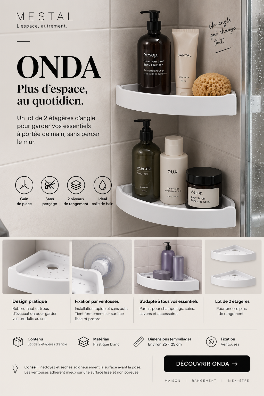 Étagères d’angle Onda — duo blanc