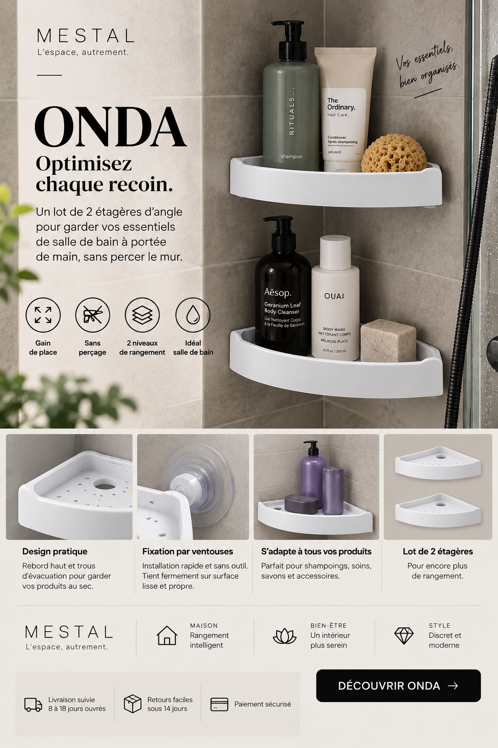 Étagères d’angle Onda — duo blanc