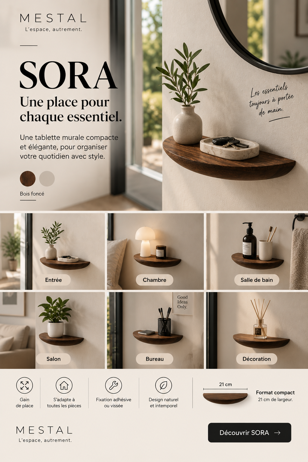 Tablette murale Sora — bois foncé, 21 cm