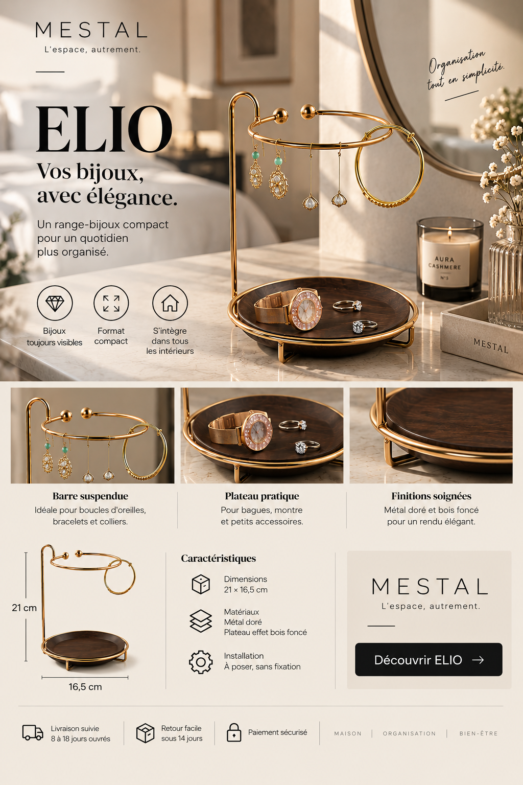 Porte-bijoux Elio — doré et bois