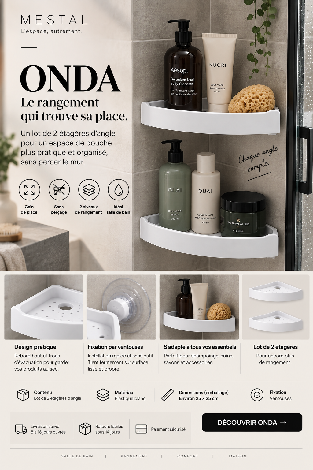 Étagères d’angle Onda — duo blanc
