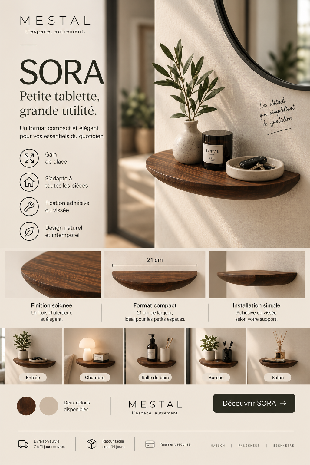 Tablette murale Sora — bois foncé, 21 cm