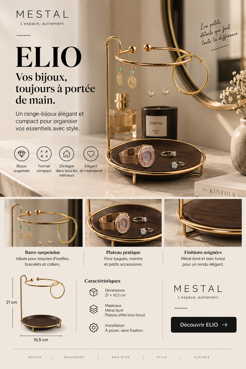 Porte-bijoux Elio — doré et bois