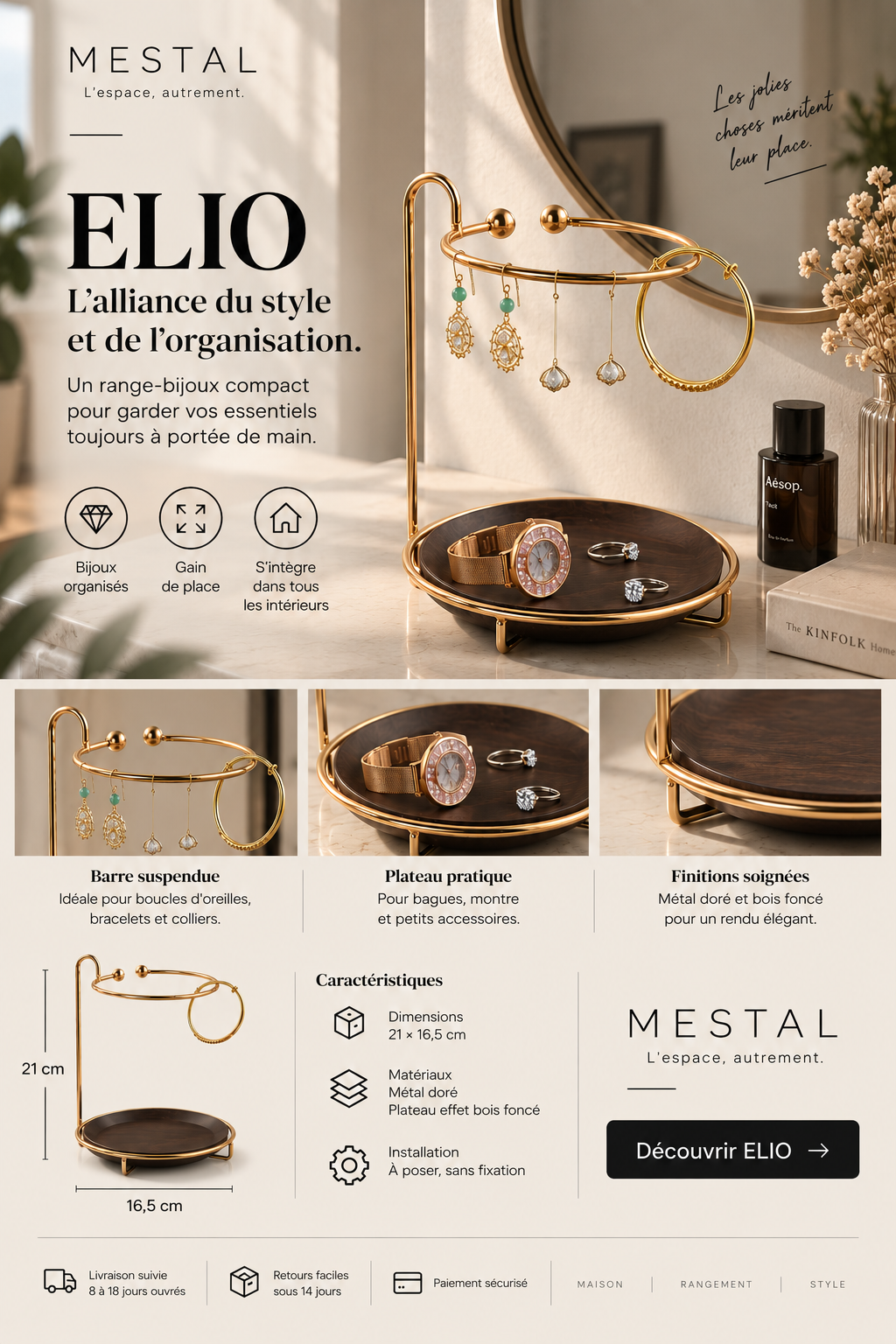 Porte-bijoux Elio — doré et bois