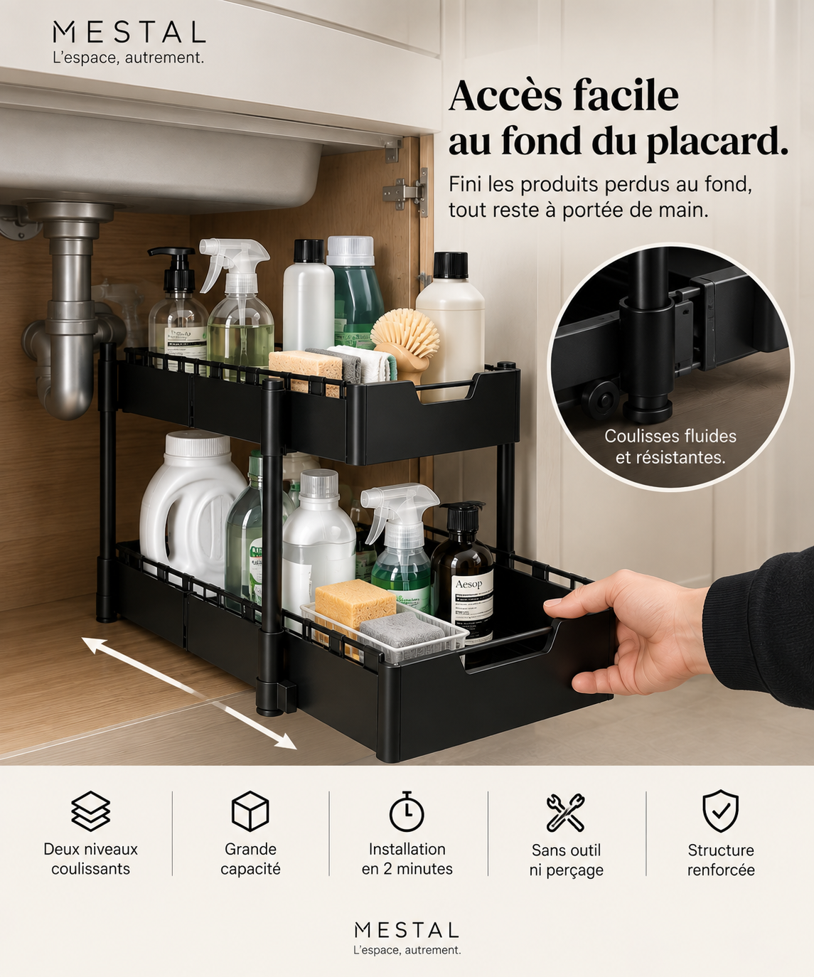 Organisateur coulissant sous évier Duo — 2 niveaux